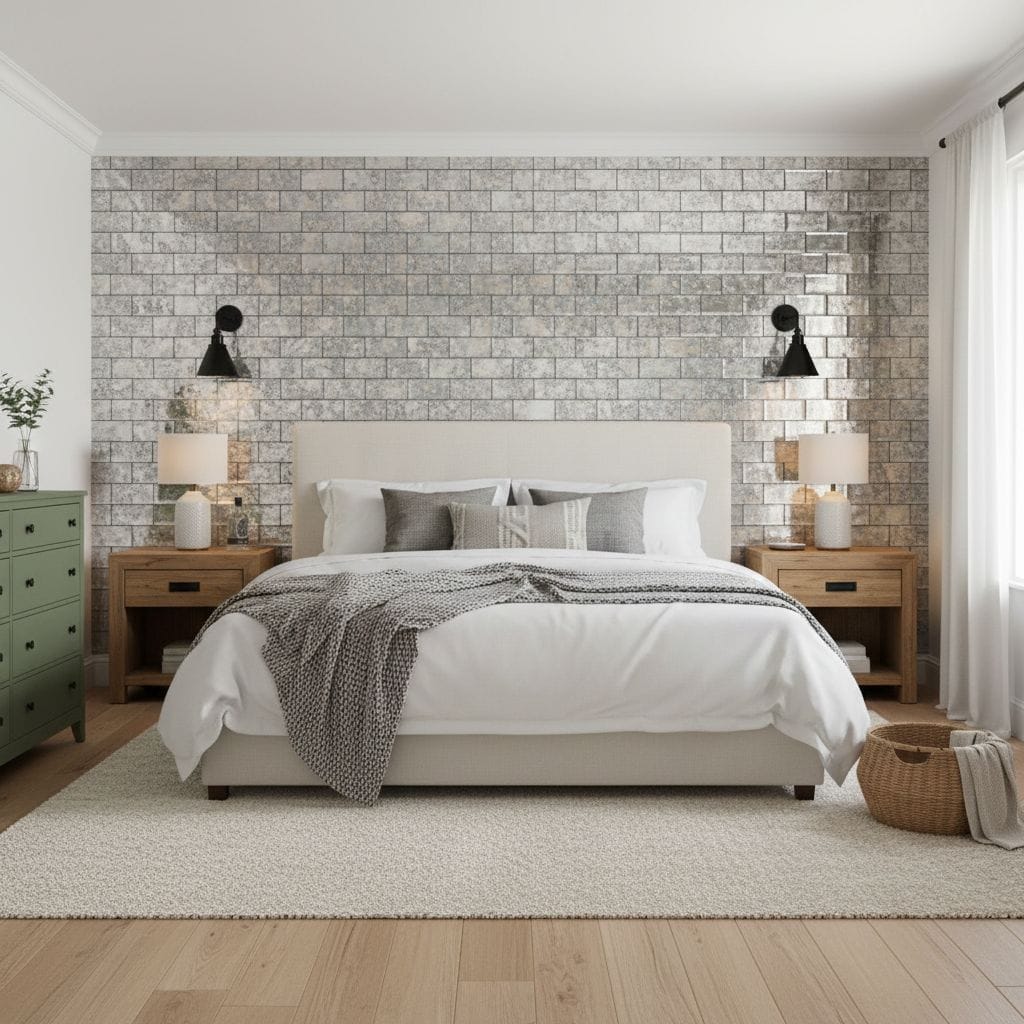 Gray brick wall tile with textured surface, creating a contemporary and stylish backdrop in the bedroom.