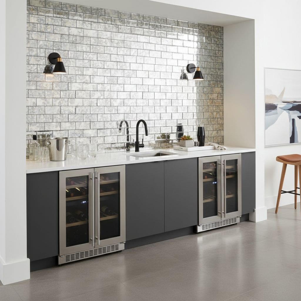 Slate Gray Brick Tile Kitchen Backsplash.