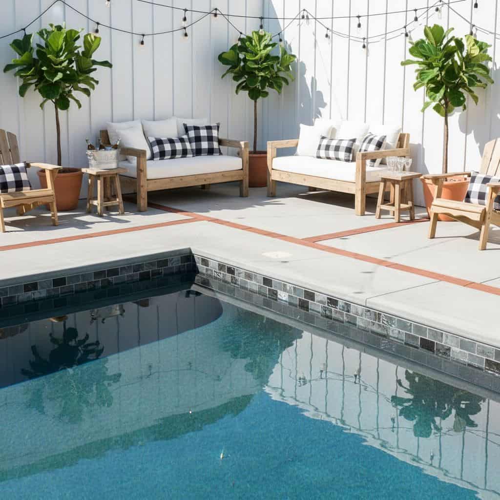 Bright, patterned tile with a sleek, dark finish around the pool.