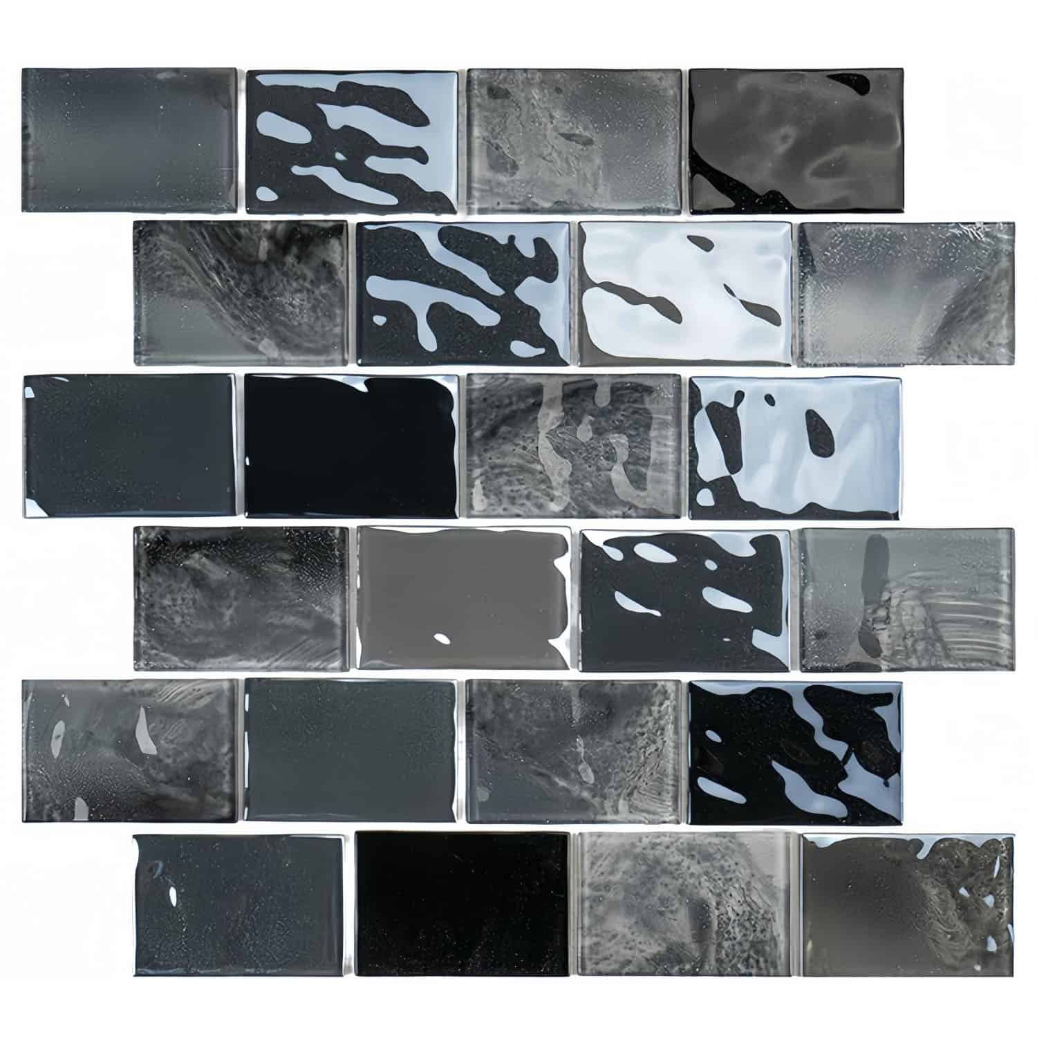 Glossy black and gray mosaic tiles with abstract patterns, smooth texture, contemporary style.