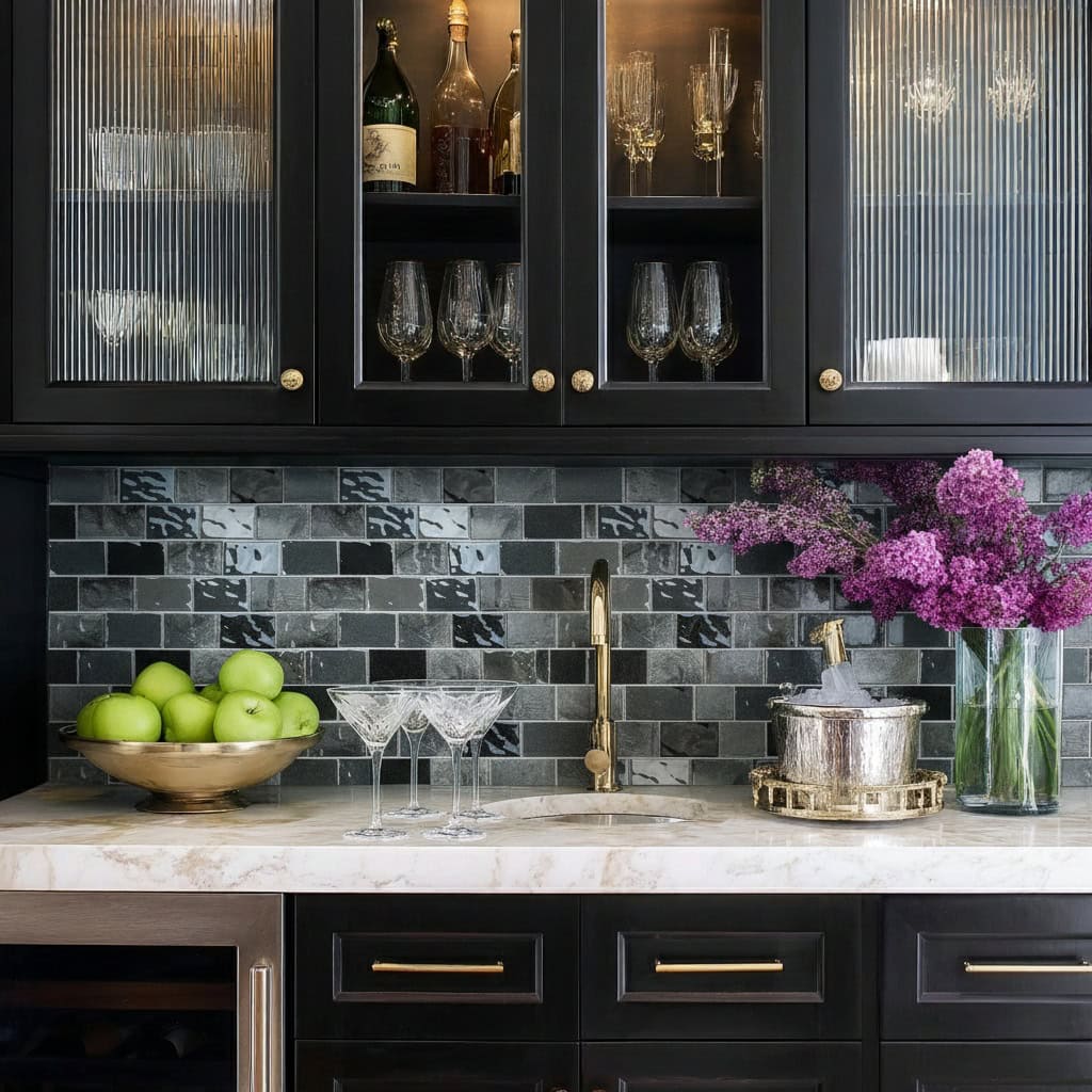 Bright purple flowers and glassware on marble countertop.
