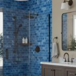 Blue textured ceramic tiles with matte finish in a modern shower area, featuring black fixtures and a glass door.