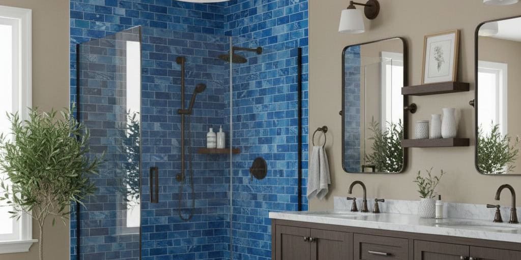 Blue textured ceramic tiles with matte finish in a modern shower area, featuring black fixtures and a glass door.