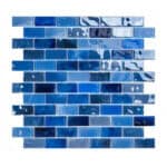 Bright blue glass tiles with glossy, smooth texture and reflective surface.