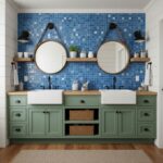 Blue mosaic tile, textured, glossy finish.