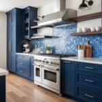 Blue ceramic tile backsplash with textured surface and glossy finish.