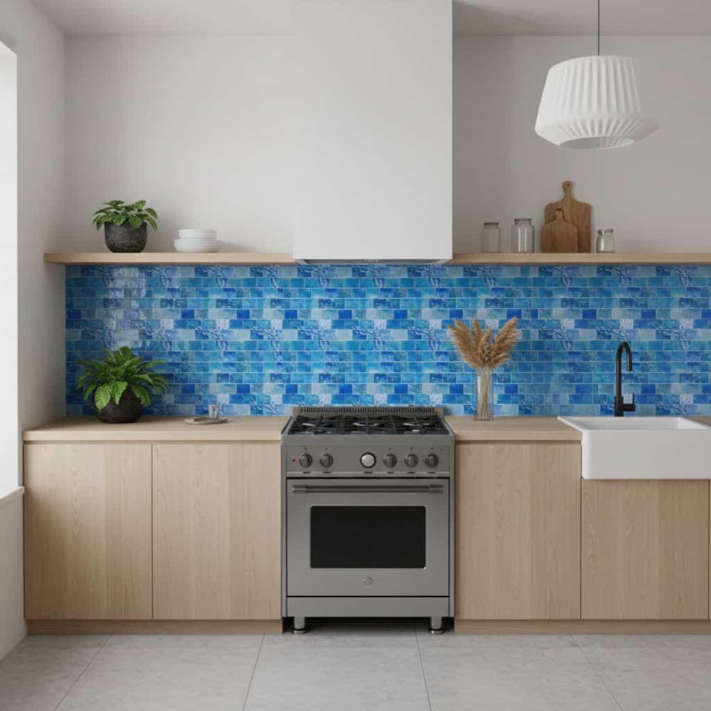 Blue mosaic glass tiles backsplash in a modern kitchen setting.