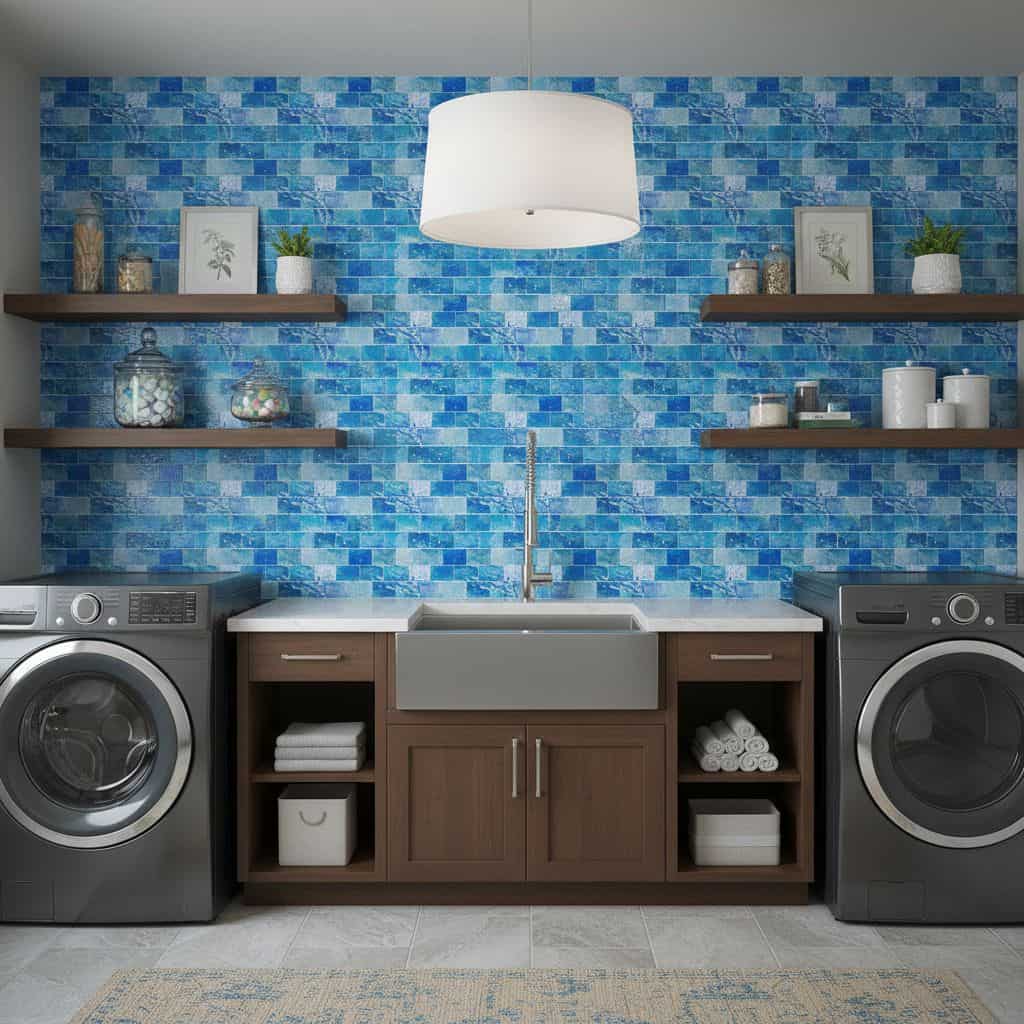 Blue mosaic tile with textured surface and glossy finish.
