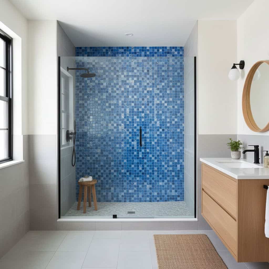 Bright blue mosaic tile with textured surface in a modern shower enclosure.