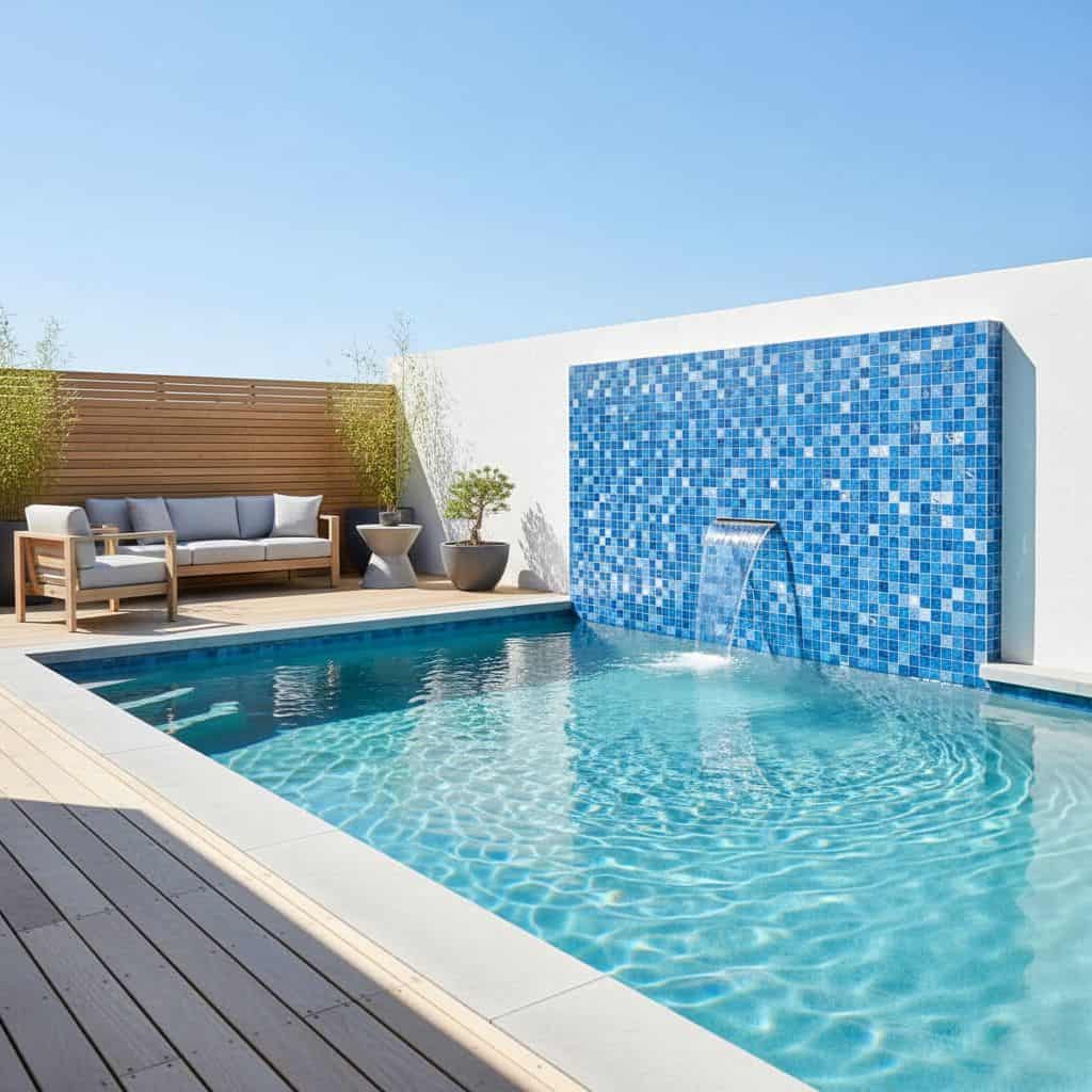 Bright blue mosaic tile with textured surface for pool water features.