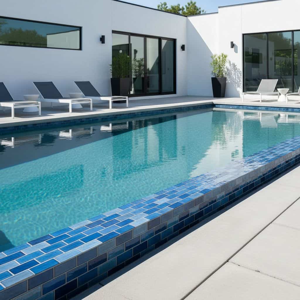 Blue mosaic tile with glossy finish around the pool edge.