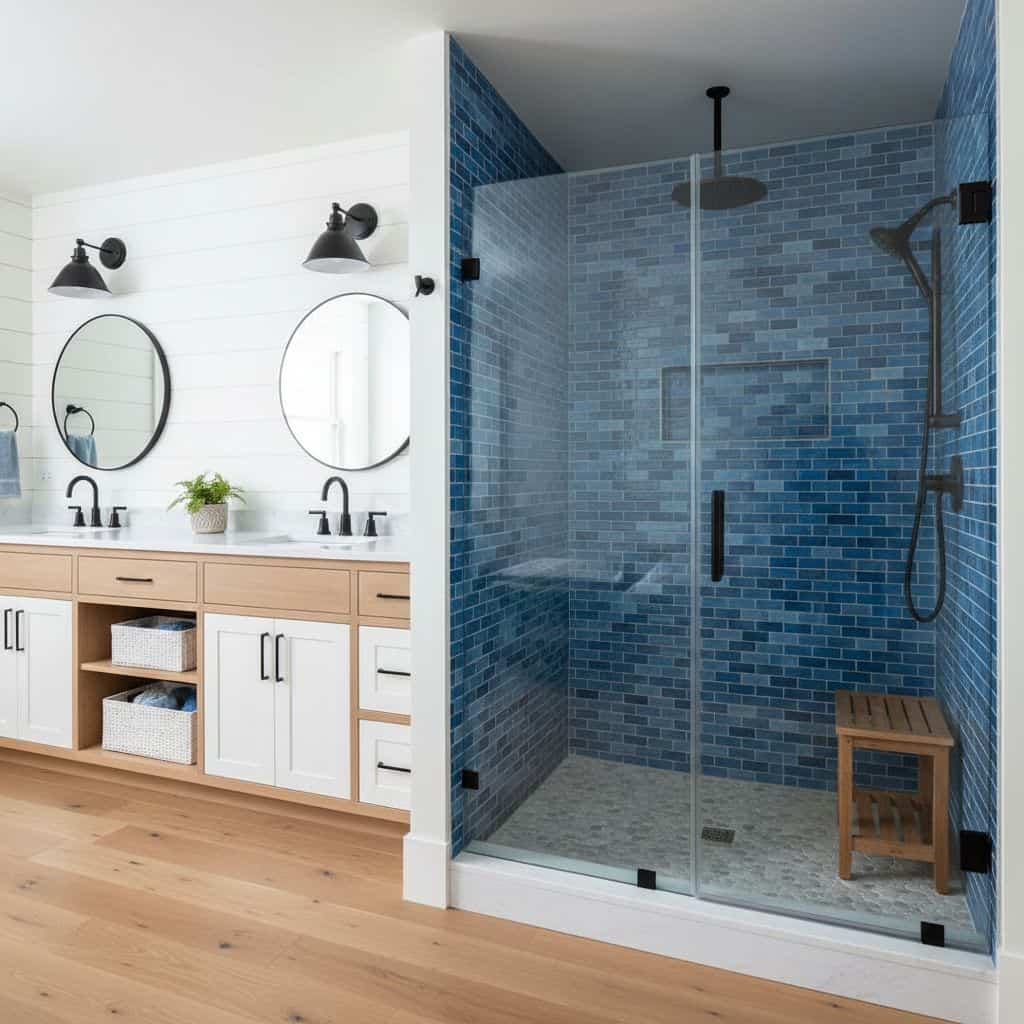 Blue mosaic tile, textured glass shower door, modern bathroom design.