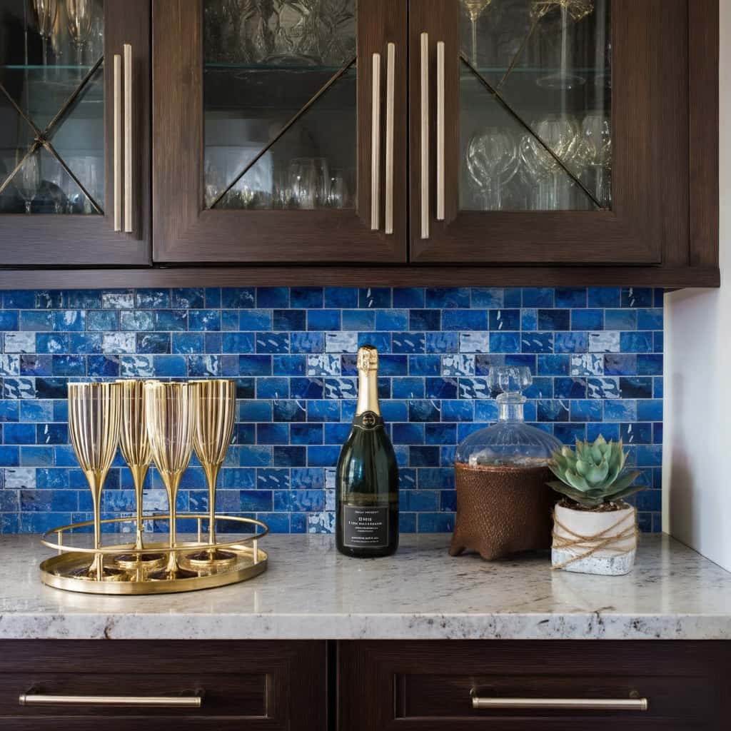 Blue glass mosaic tile with textured surface and glossy finish.