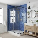 Blue mosaic tile, textured surface, modern design.