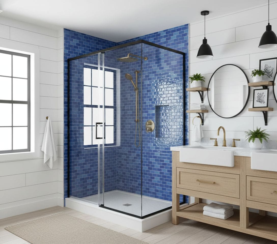 Blue mosaic tile, textured surface, modern design.