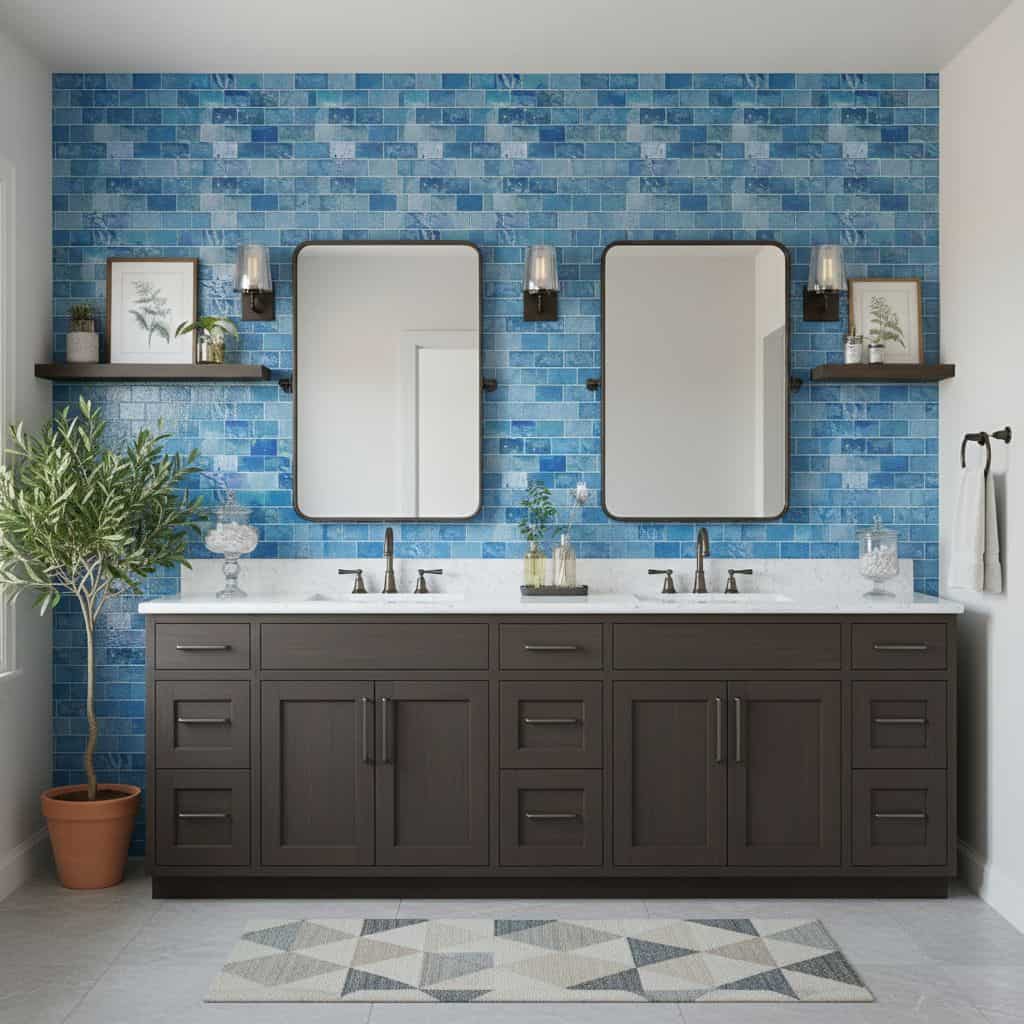 Blue textured ceramic tiles on the wall behind a double vanity with two mirrors and wall-mounted lights.