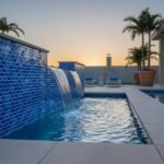 Blue ceramic tiles with waterfall feature and textured surface.