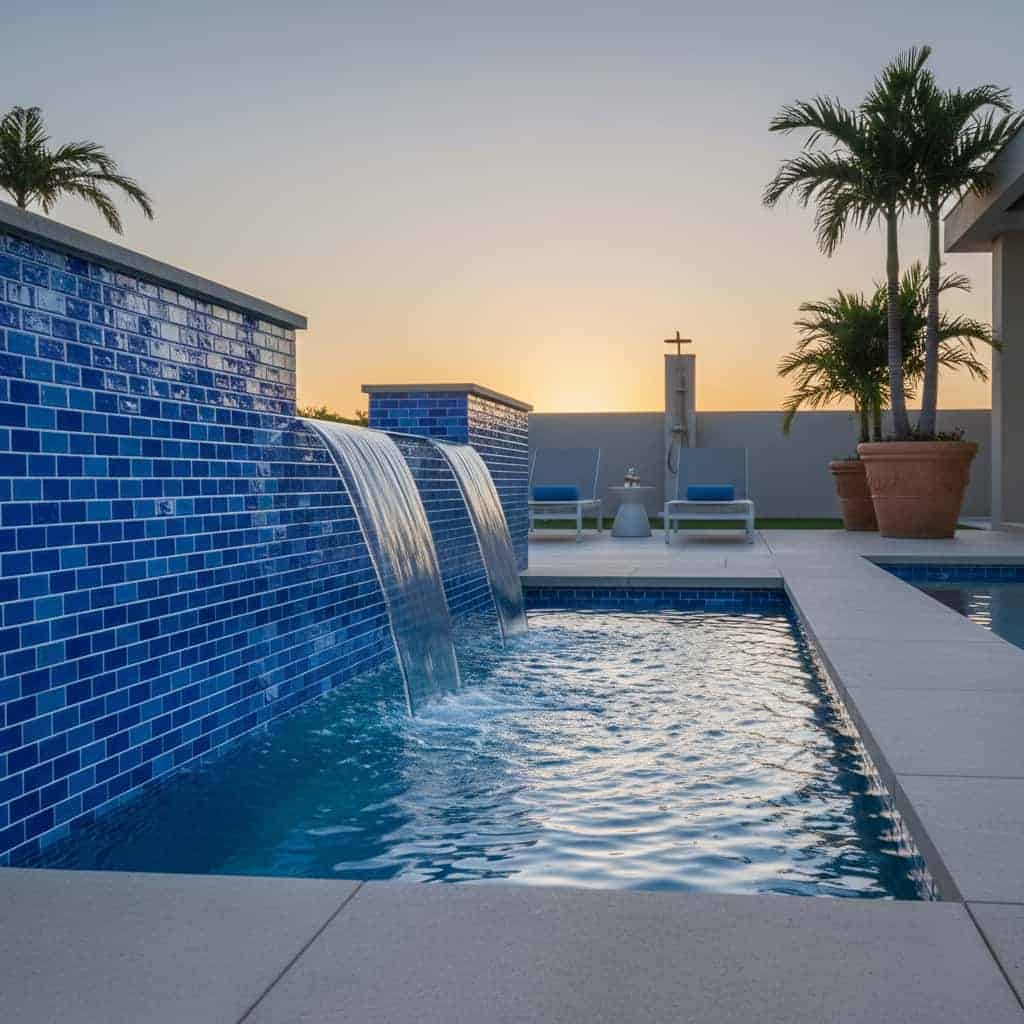 Blue ceramic tiles with waterfall feature and textured surface.