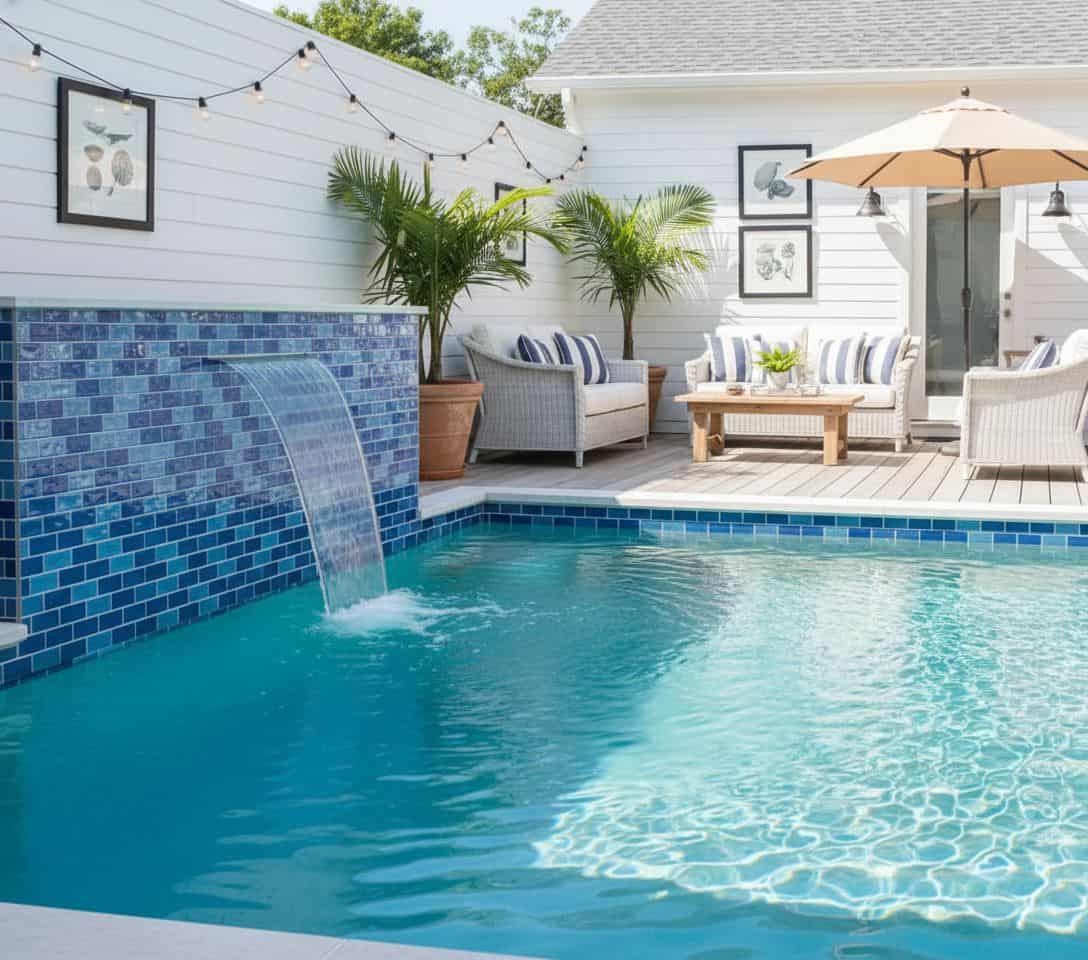 Blue mosaic tile waterfall, textured pool surface, and outdoor furniture with striped cushions.