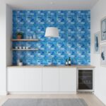 Blue mosaic tile backsplash with textured surface and glossy finish.