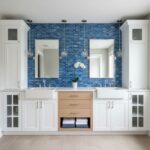 Blue ceramic subway tile with glossy finish and textured surface.