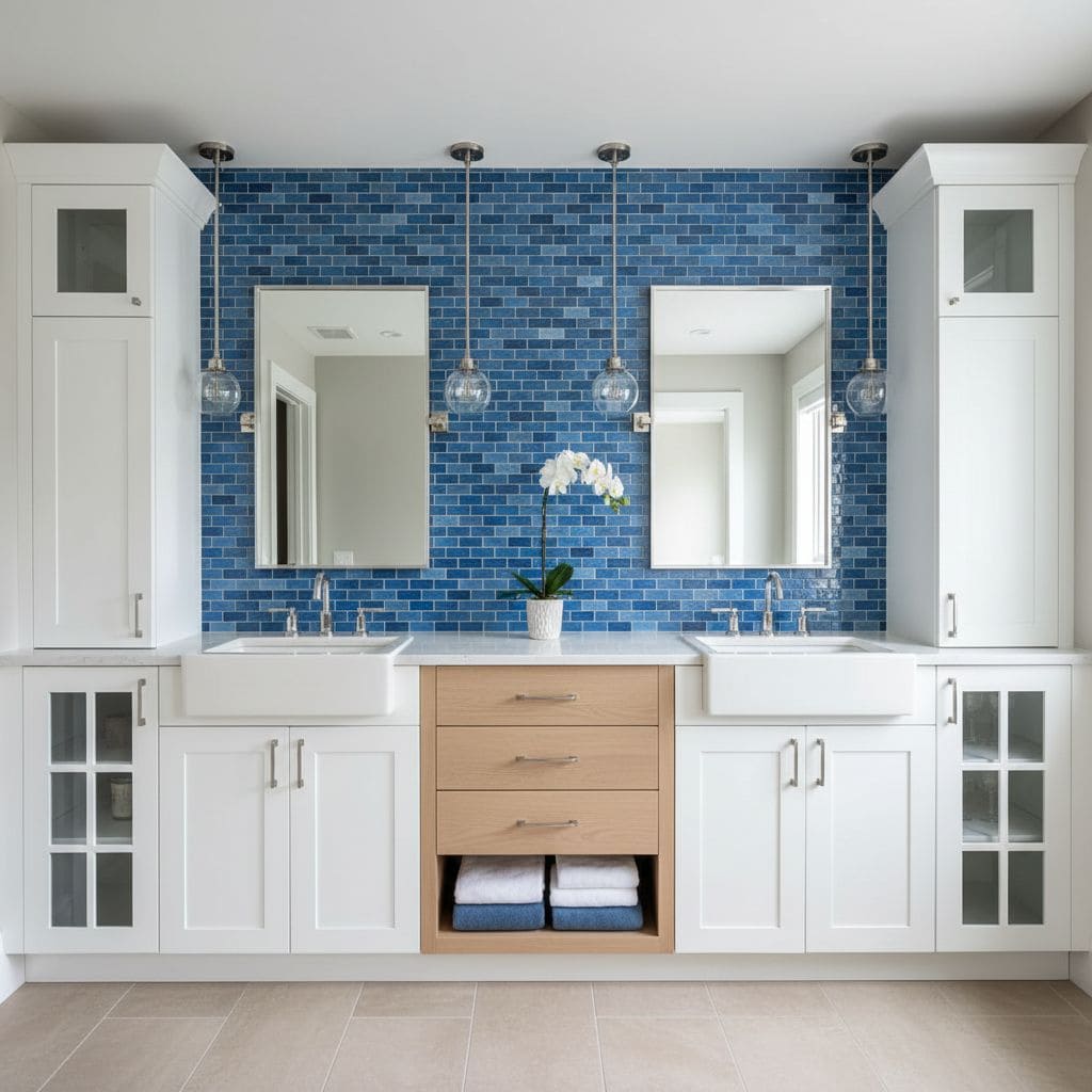 Blue ceramic subway tile with glossy finish and textured surface.
