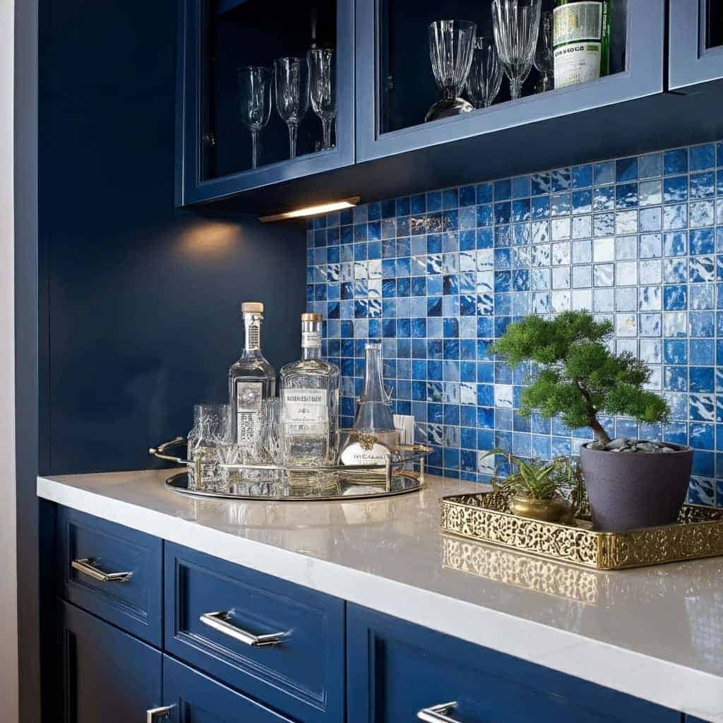 Blue mosaic tile with glossy finish and textured surface.