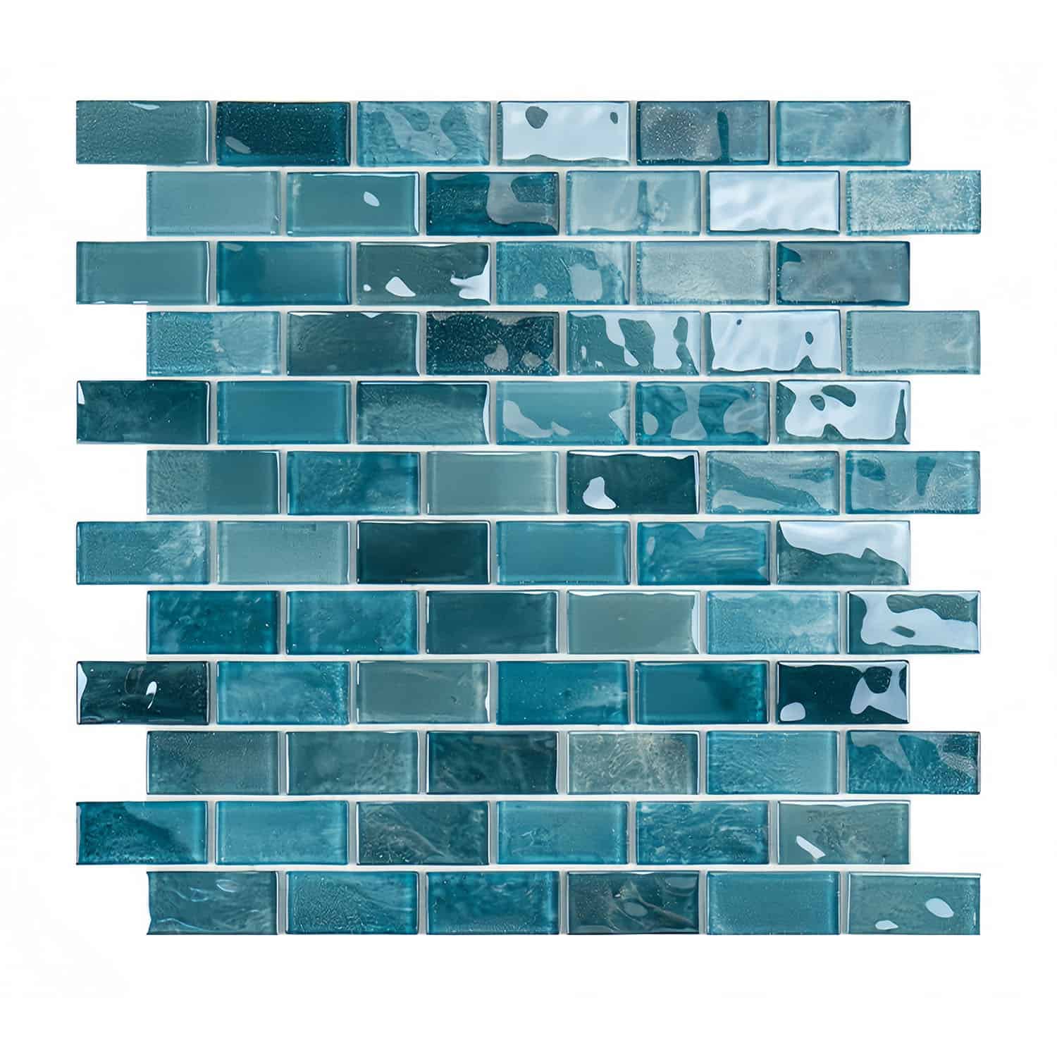 Blue glass tiles with glossy, smooth texture and reflective surface.