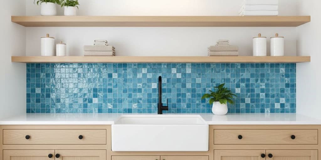 Blue mosaic tile with textured surface and glossy finish, arranged in a grid pattern behind the sink.
