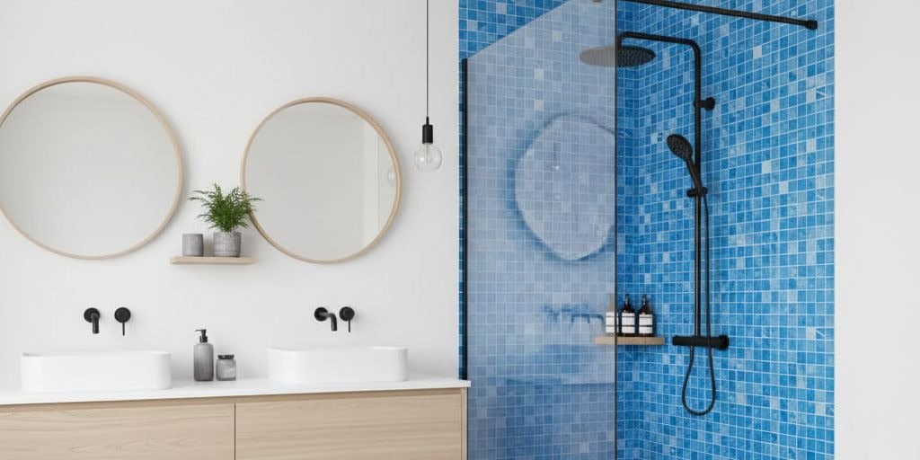 Bright blue mosaic tile with textured surface and glossy finish.