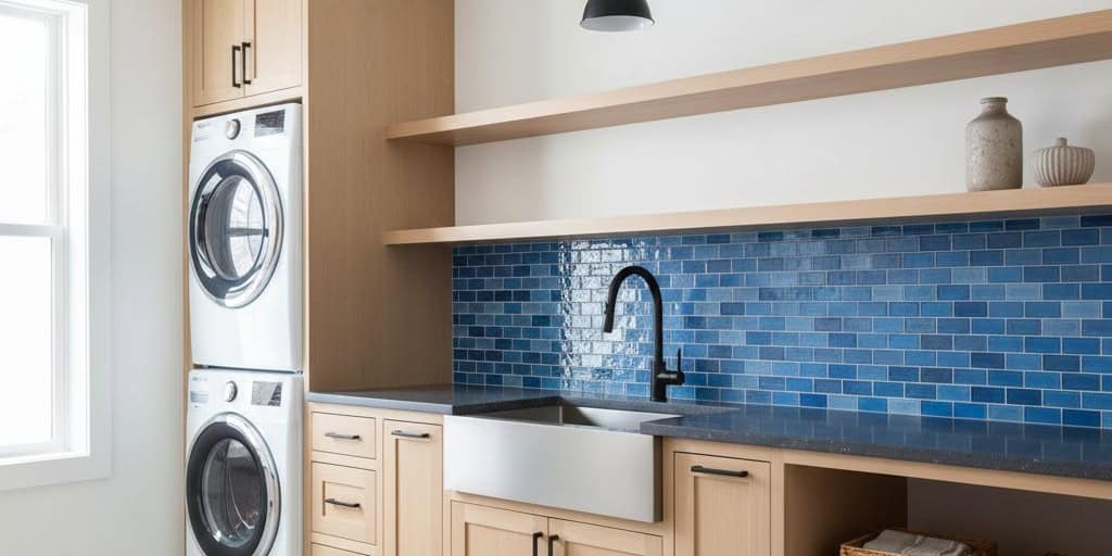 Blue mosaic tile with glossy finish and textured surface in a modern kitchen setting.