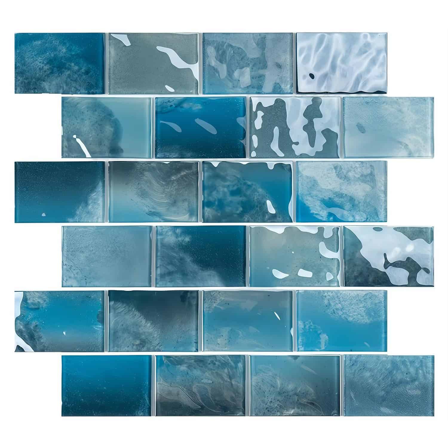 Blue glazed ceramic tiles with glossy finish and water-inspired patterns.