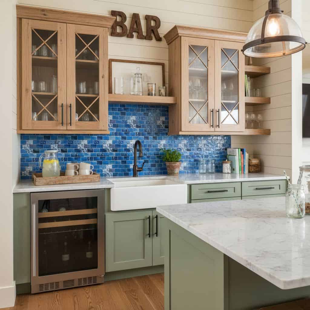 Bright kitchen featuring a blue mosaic tile backsplash, wooden upper cabinets, and green lower cabinets with a marble counter.