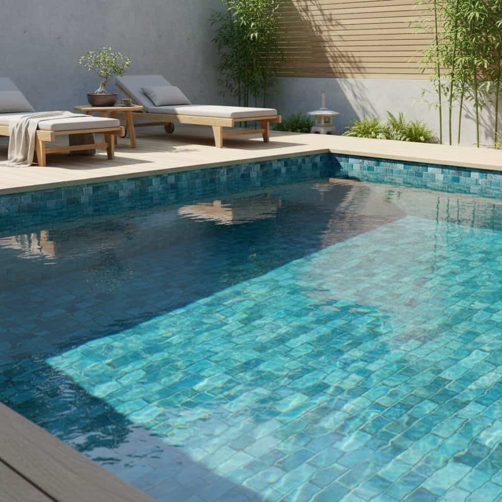 Blue mosaic pool tile with textured surface and vibrant color.