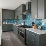 Blue glass mosaic tiles, textured and glossy, in a modern kitchen setting.