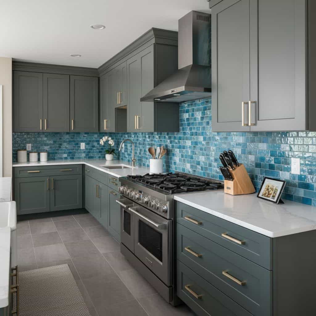 Blue glass mosaic tiles, textured and glossy, in a modern kitchen setting.