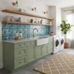 Bright green cabinetry with gold hardware, blue mosaic tile backsplash, white farmhouse sink, and natural wood open shelves.