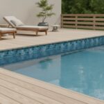 Blue mosaic tile with textured surface around pool edge.