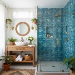 Bright blue glass tiles with a textured surface in the shower area.