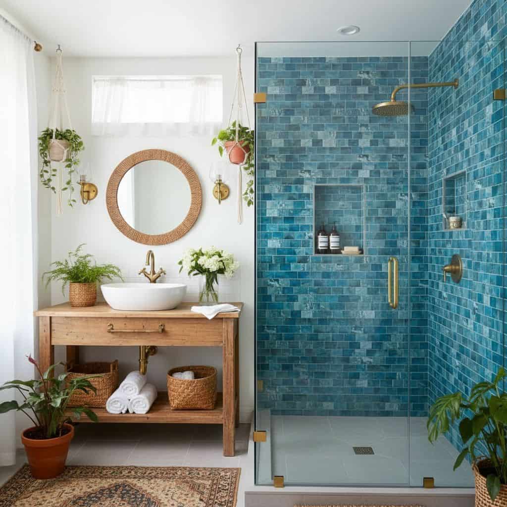Bright blue glass tiles with a textured surface in the shower area.