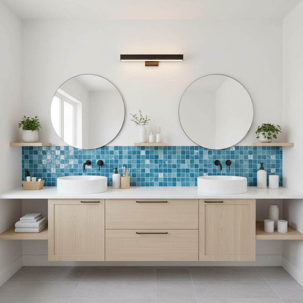 Bright bathroom with round mirrors, white sinks, and a blue mosaic tile backsplash. Features a light wood cabinet and minimal.