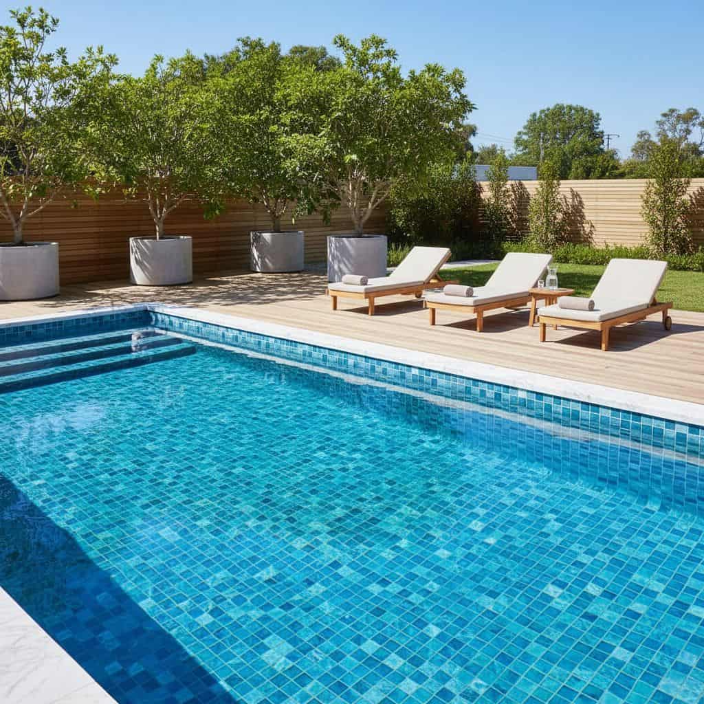 Bright blue mosaic pool tiles with a glossy finish, creating a refreshing and inviting look for outdoor swimming pools.