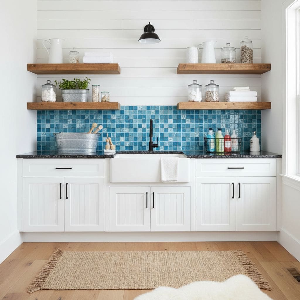 Blue mosaic tile backsplash with textured surface in a modern kitchen setting.