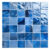 Vivid blue glass mosaic tiles with glossy finish, textured surface, and artistic abstract pattern.