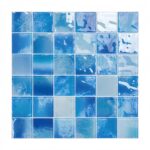 Blue glass mosaic tile with glossy finish, textured surface, and vibrant shades of blue.