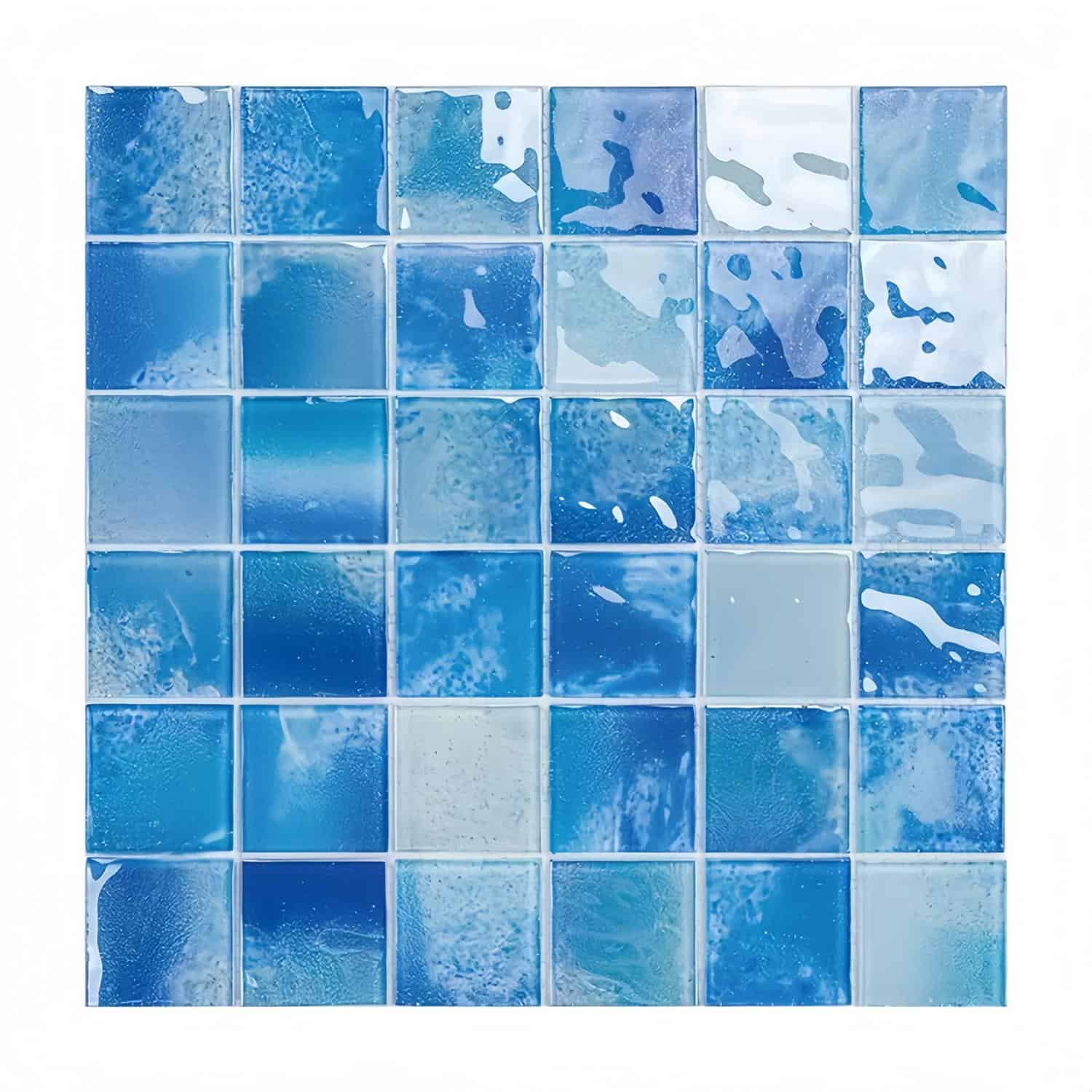 Blue glass mosaic tile with glossy finish, textured surface, and vibrant shades of blue.