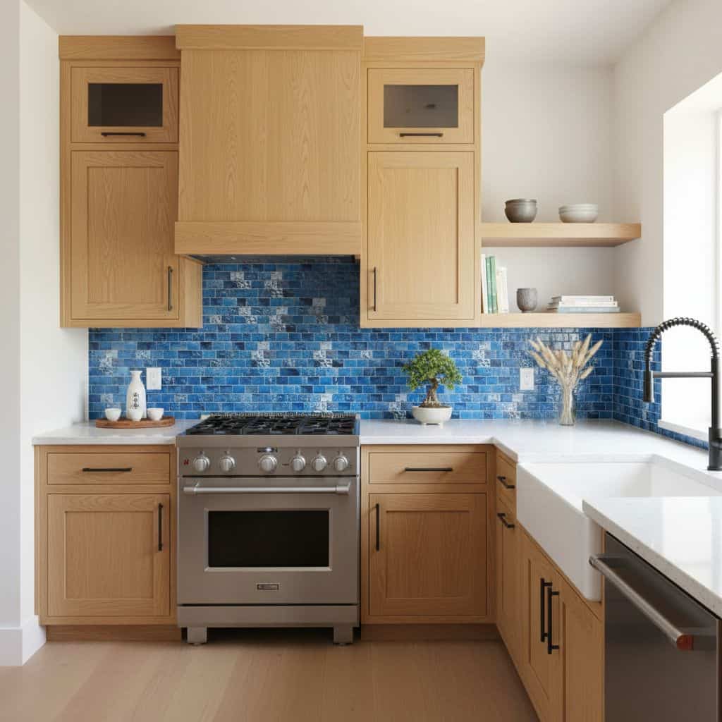 Bright blue mosaic tiles with a glossy finish, textured surface, used as a kitchen backsplash behind the stove and countertop.