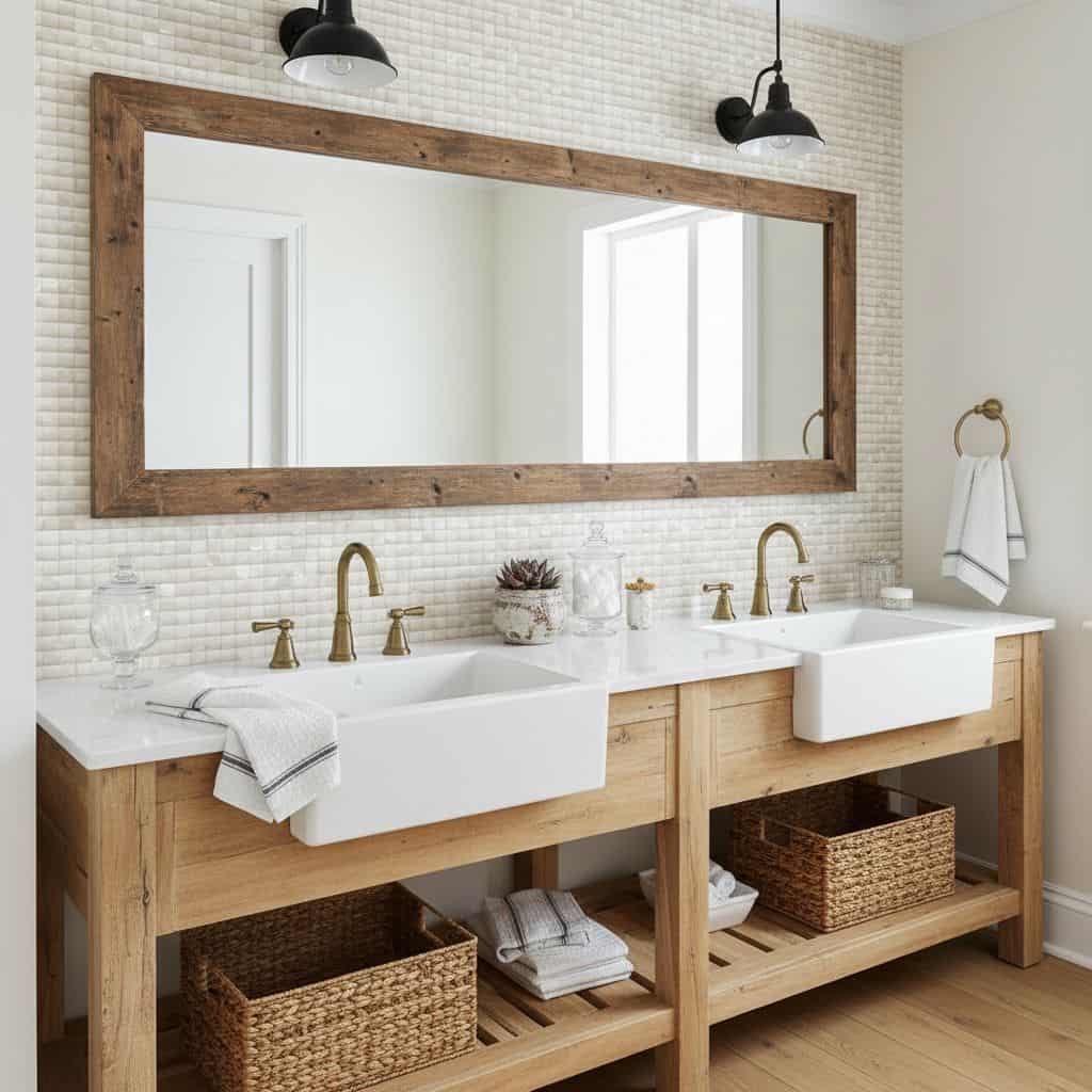 Double sink vanity with wooden accents, white ceramic basins, and natural woven baskets.