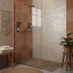 Bright peach and mosaic tiles in shower area, textured and glossy finish.
