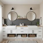Bright white bathroom vanity with black hardware, two round mirrors, and black wall-mounted lights. Features a wooden counter.
